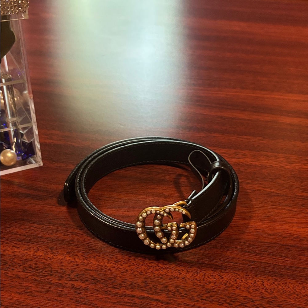 Gucci Black Leather Belt with Pearl-Embellished Double G Buckle